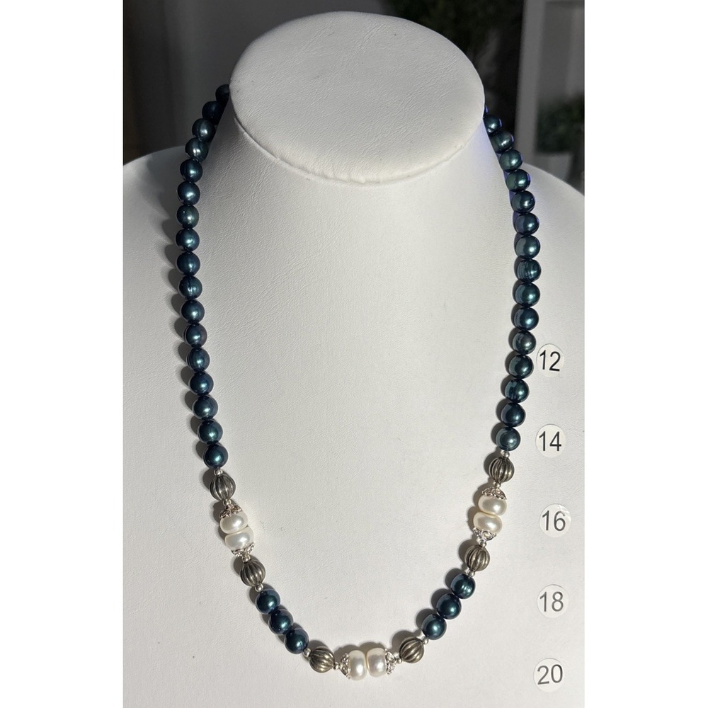 Teal Blue White Freshwater Pearl Beaded Necklace Silver Tone 20 Inch